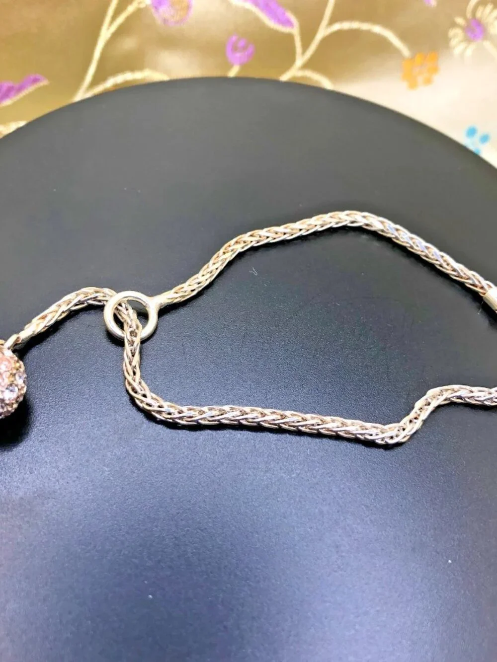 8 inch sterling silver lariat slide bracelet with rhinestone glitter ball. 8+ gr